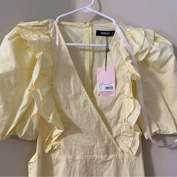 NWT Missguided Ruffle Wrap Poplin Puff Sleeve Plunging V-Neck Dress Lemon Yellow - Picture 8 of 11